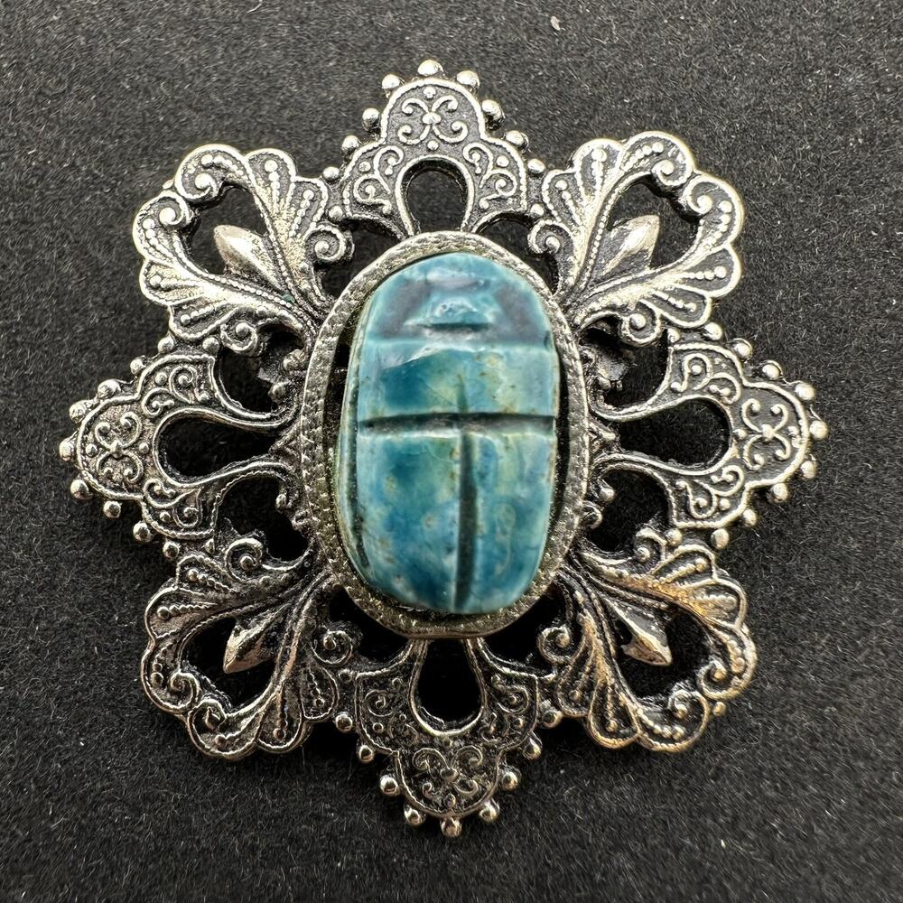 Vintage Egyptian Scarab Faience Brooch Pin Revival Bead Filigree Boho Turquoise